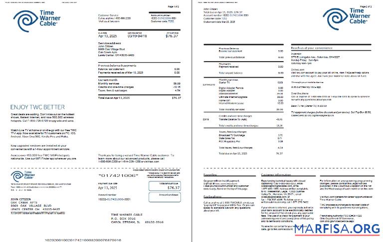Realistic USA Time Warner Cable utility bill template in Word and PDF formats, 2 pages